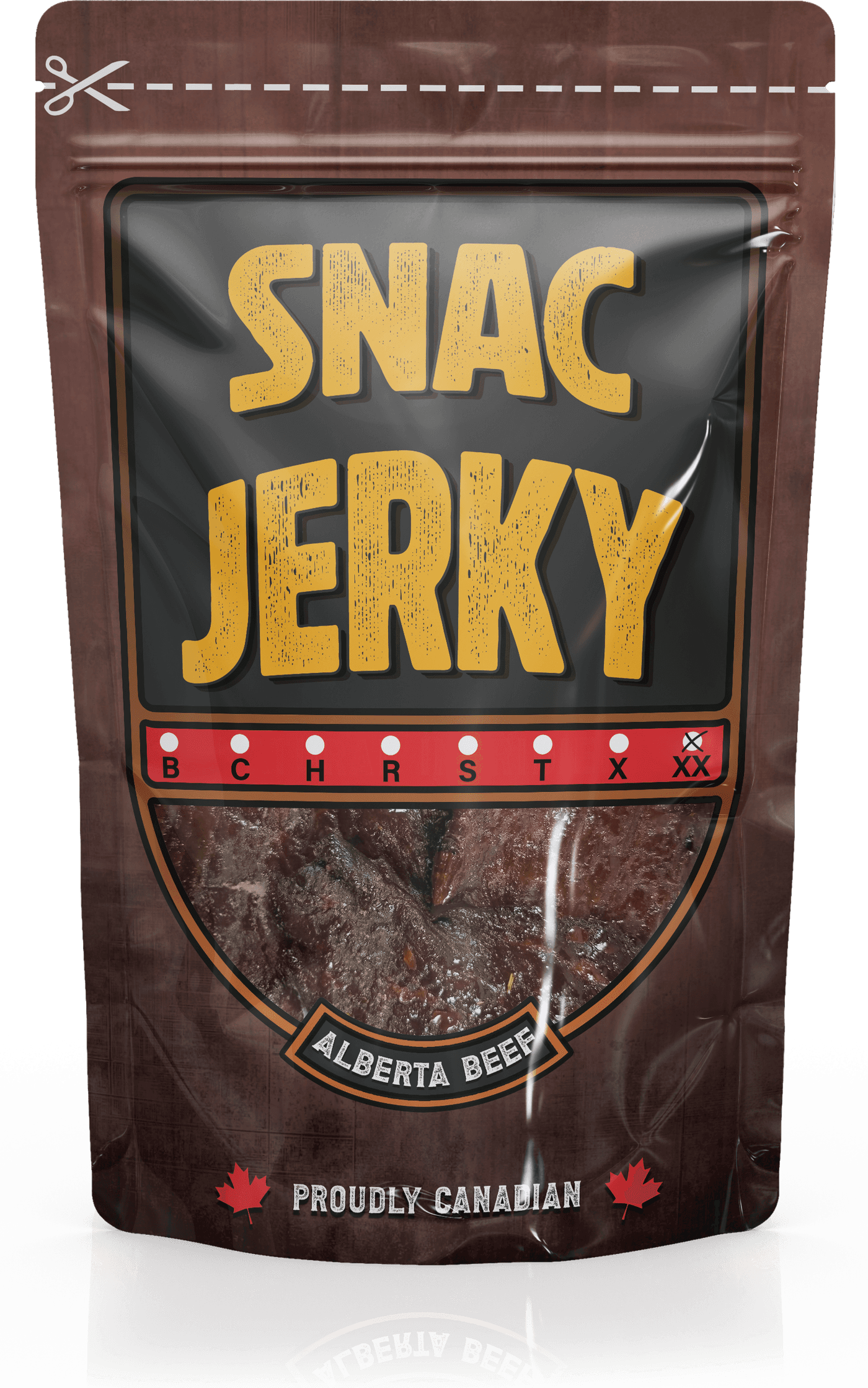 SNAC Jerky bag printed with Alberta Beef and Proudly Canadian